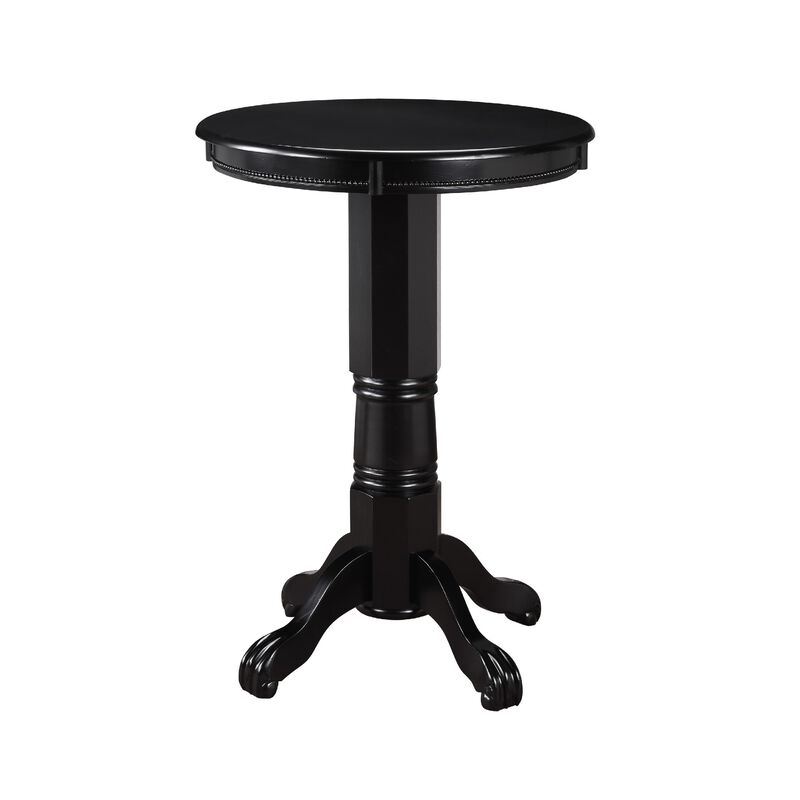 Ava 42 Inch Wood Pub Bar Table, Molded Trim, Carved Pedestal, Black-Benzara