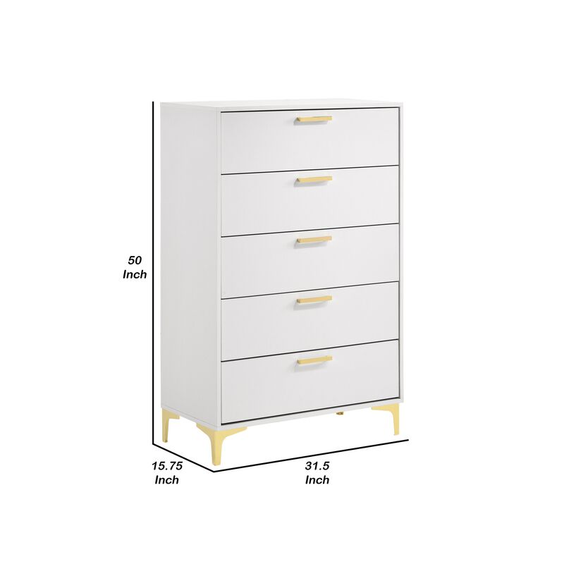 Lif 50 Inch Modern 5 Drawer Tall Dresser Chest, Gold Accents, Smooth White-Benzara
