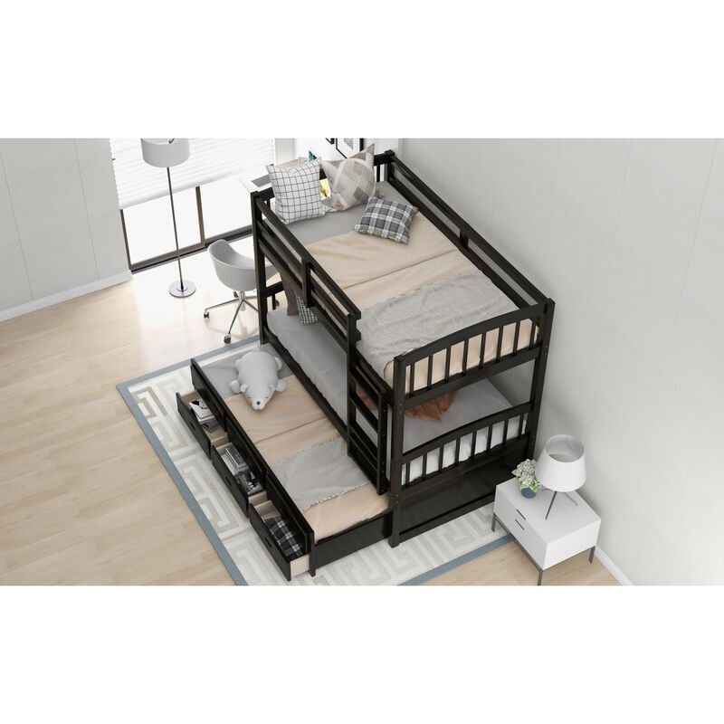 Twin Over Twin Wood Bunk Bed With Trundle And Drawers
