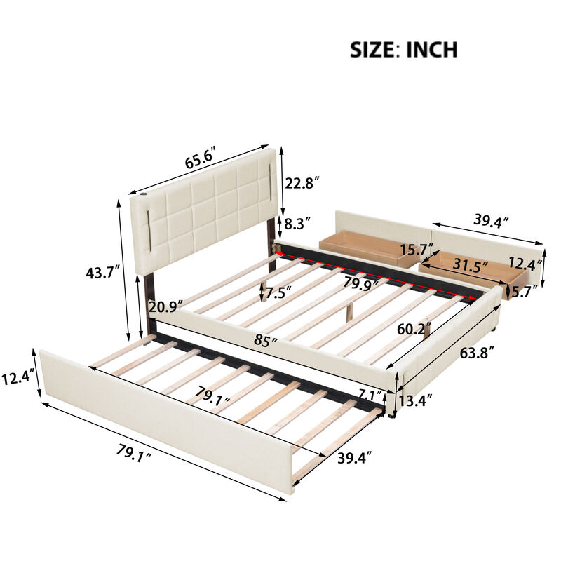 Merax Linen Platform Bed with Trundle and Drawers