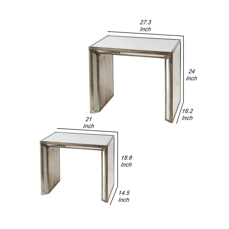 27, 21 Inch Nesting Side Table Set of 2, Mirrored Wood Frame, Silver - Benzara