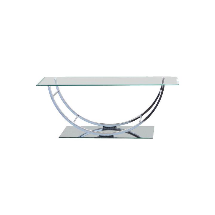 Tempered Glass Top Coffee Table with U Shape Metal Frame, Chrome and Clear-Benzara