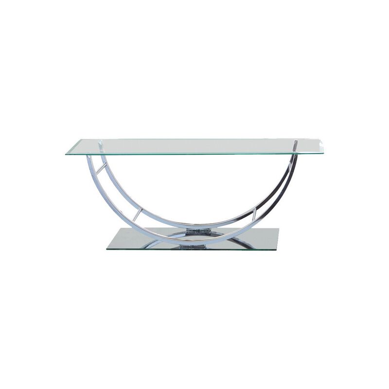 Tempered Glass Top Coffee Table with U Shape Metal Frame, Chrome and Clear-Benzara