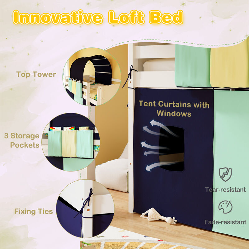 Loft Bed Playhouse Bed Frame with Tower Tent and 3 Storage Pockets