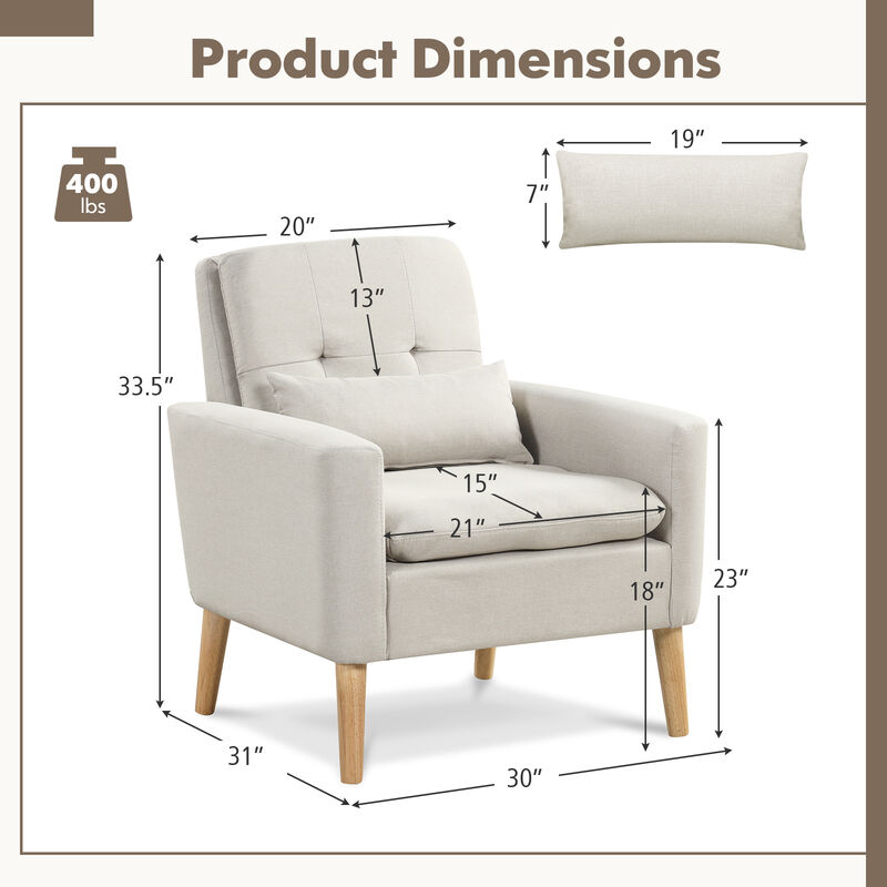 Accent Chair with Lumbar Pillow Natural Rubber Wood Legs Padded Cushions