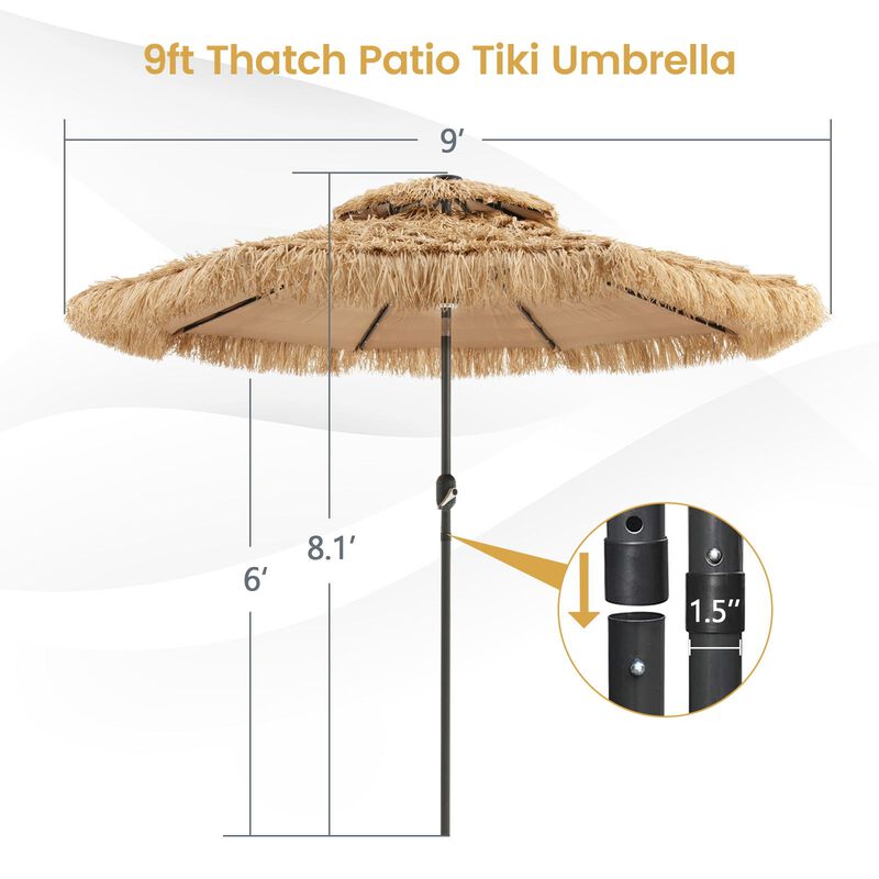 9-Foot Solar-Powered Tiki Patio Umbrella with Thatched Design and LED Lights for Outdoor Spaces