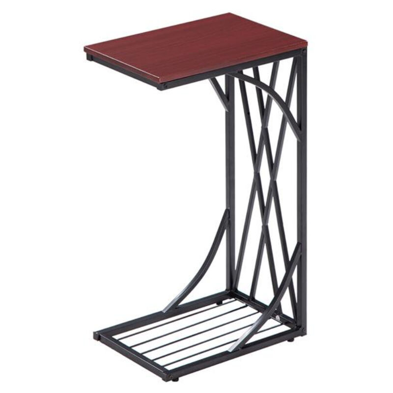C-Type Coffee Table with Cross Line Brown Desktop, Modern Sofa Table for Living Room