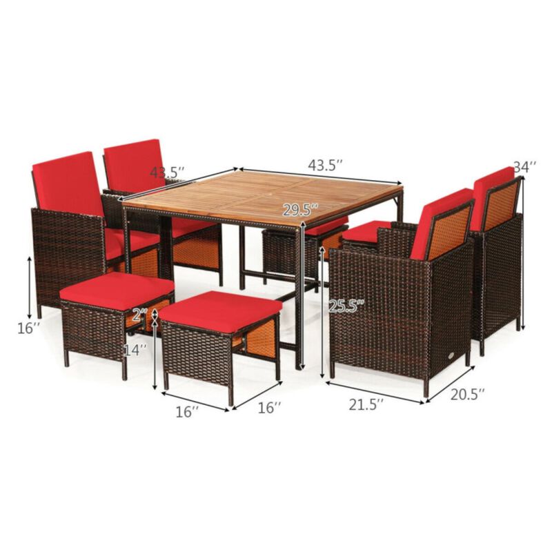 Hivvago 9 Pieces Patio Rattan Dining Cushioned Chairs Set-Red