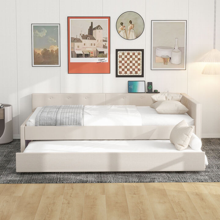 Merax Upholstered Platform Bed with USB and Trundle