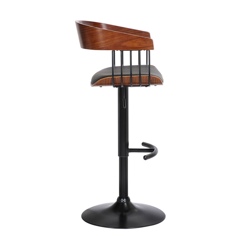 Larisa Adjustable Walnut Wood Stool in Black Faux Leather with Black Metal