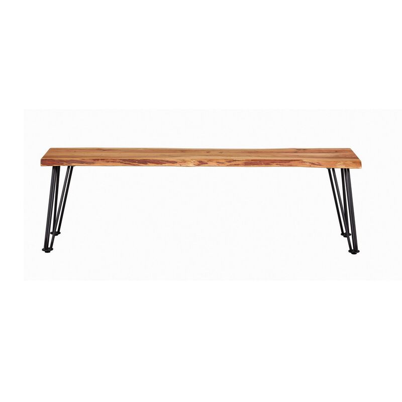 Wooden Dining Bench with Live Edge Details and Metal Legs, Brown-Benzara