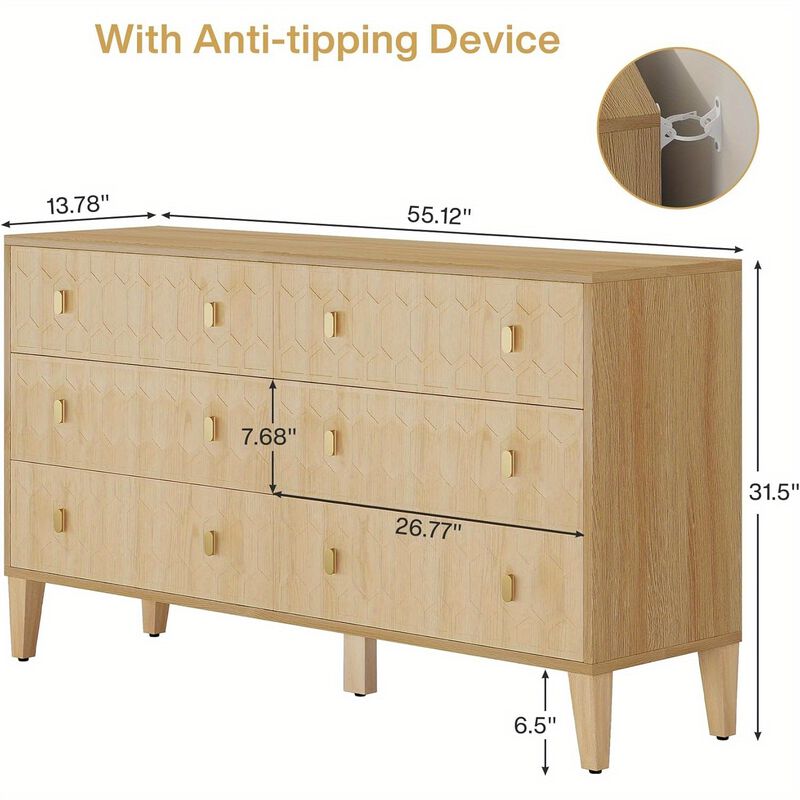 55-Inch Chest Of Drawers, Wood 6-Drawer Double Wide Dresser With Solid Wooden Legs, Large Dresser Chest Cabinet For Closet, Living Room, Entryway