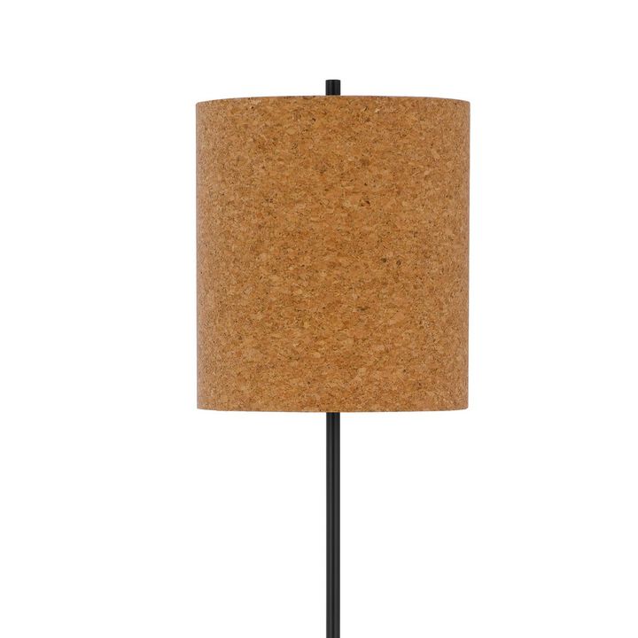 Plue 63 Inch Floor Lamp, Black Pole w Round Base, Cork Drum Shade - Benzara