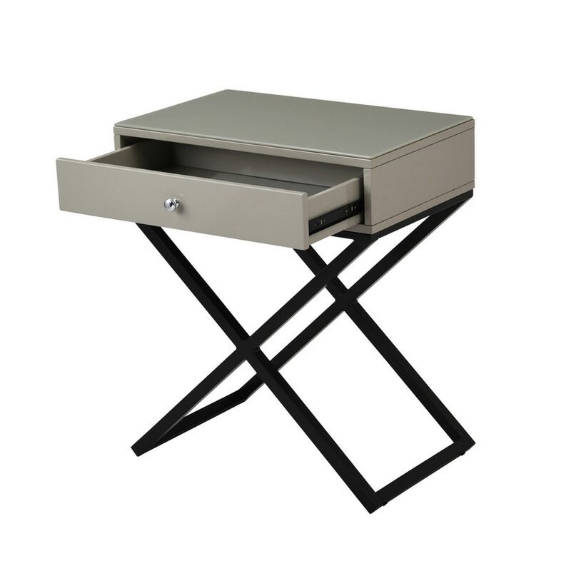 Zeno 27 Inch 1 Drawer Nightstand, Glass Top, Black Metal Cross Legs, Taupe-Benzara
