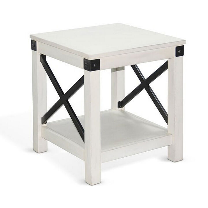 Sime Side End Table w Shelf, X Panel, 20 Inch Square Off White Wood - Benzara