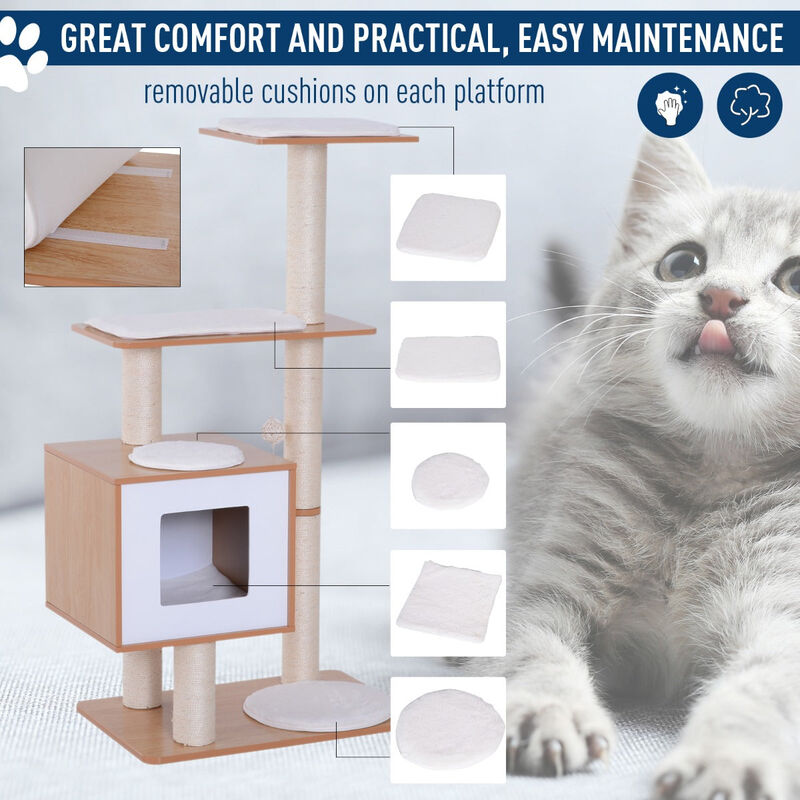 Modern Cat Playground: Oak & White Tree with Scratching Posts