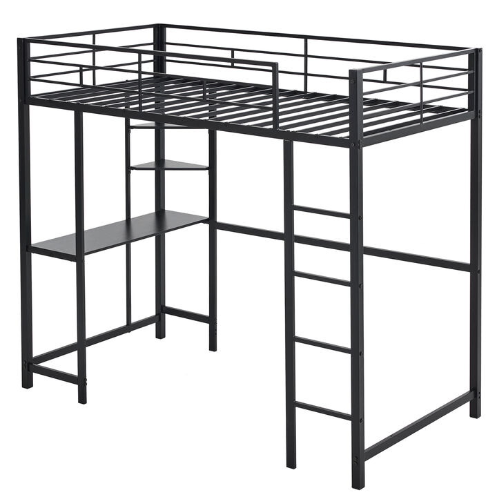 Metal Loft Bed with Desk & Storage Shelves, Loft Bed Frame with 2 Built-in Ladders & Full-Length Guardrails