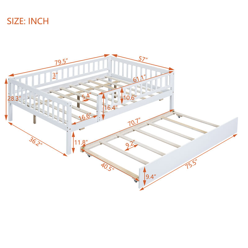 Full Size Wood Daybed With Trundle And Fence Guardrails