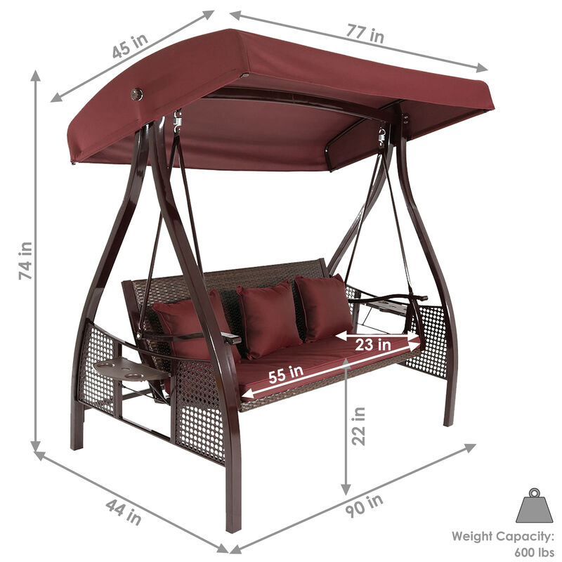 Sunnydaze 3-Person Steel Patio Swing Bench with Side Tables/Canopy