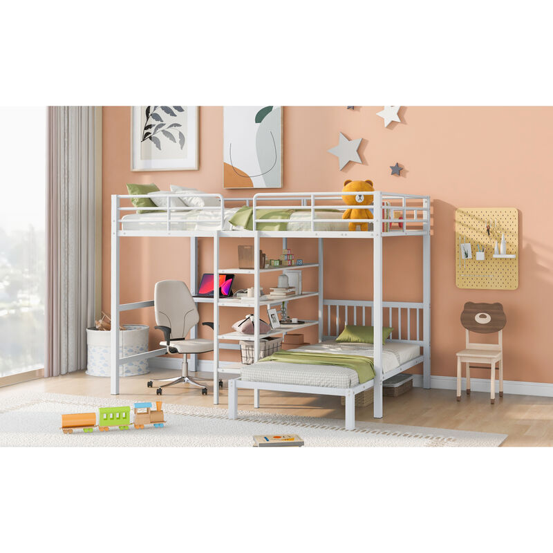 Full Over Twin Metal Bunk Bed With Built-In Desk, Shelves And Ladder