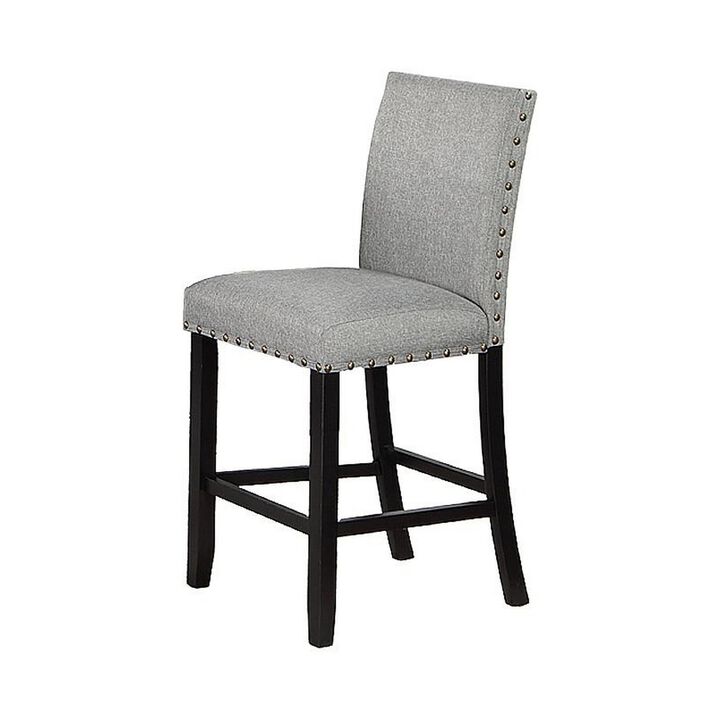 Sie 24 Inch Counter Height Chair, Nailhead Trim, Gray Fabric, Black Wood - Benzara