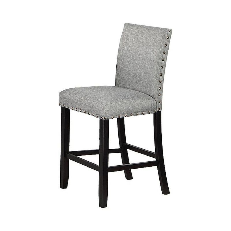 Sie 24 Inch Counter Height Chair, Nailhead Trim, Gray Fabric, Black Wood - Benzara