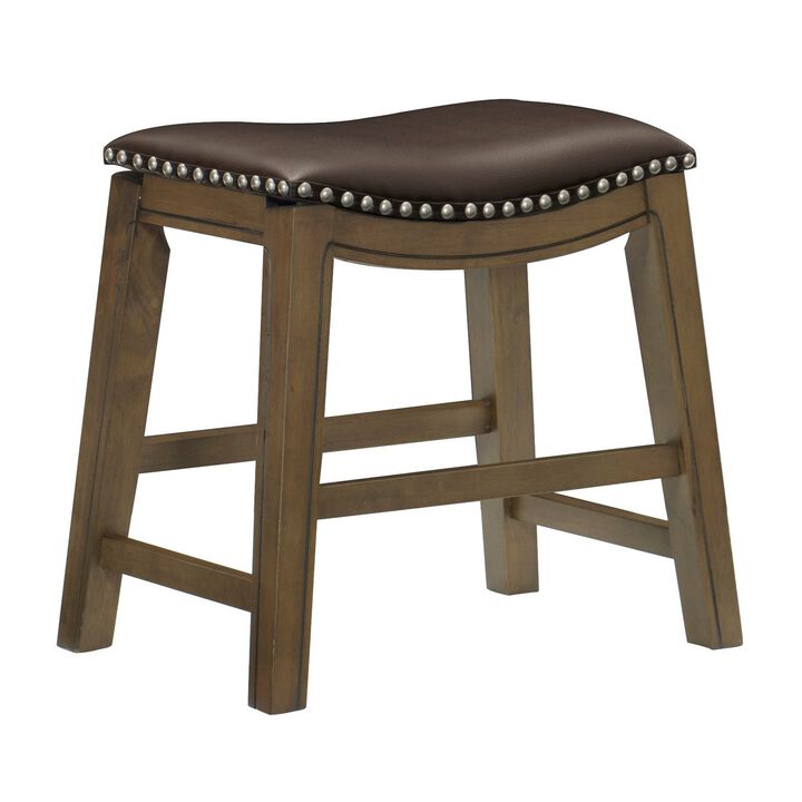 Miel 20 Inch Dining Stool, Brown Faux Leather, Brown Solid Wood, Nailheads - Benzara