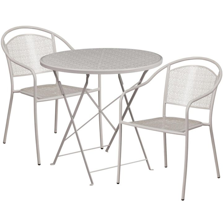 Flash Furniture Commercial Grade 30" Round Light Gray Indoor-Outdoor Steel Folding Patio Table Set with 2 Round Back Chairs