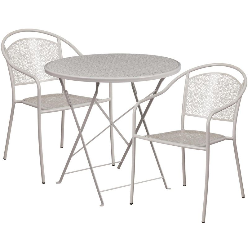 Flash Furniture Commercial Grade 30" Round Light Gray Indoor-Outdoor Steel Folding Patio Table Set with 2 Round Back Chairs