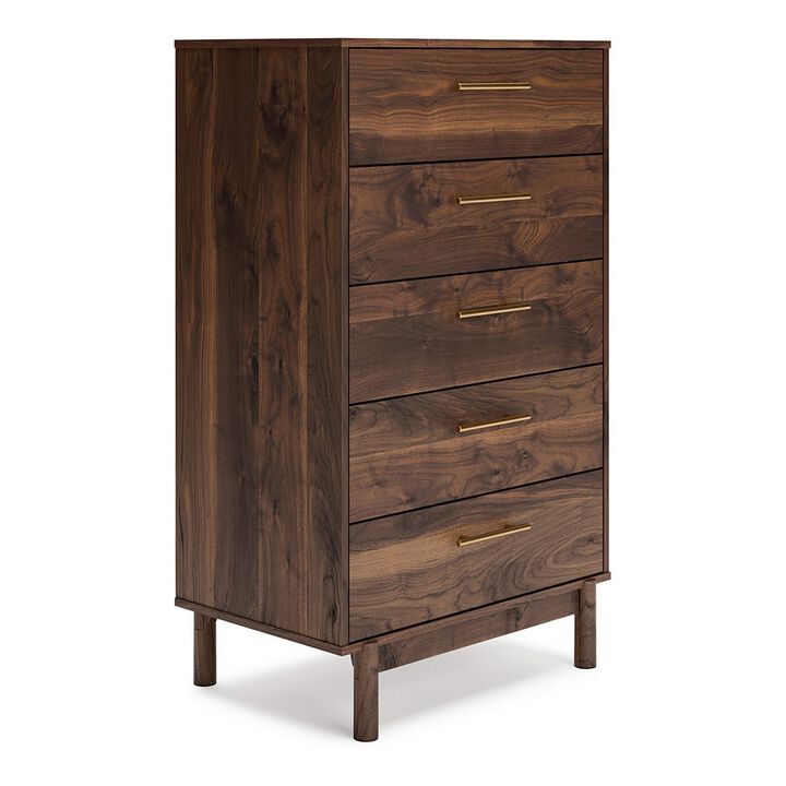 Kip 50 Inch 5 Drawer Modern Tall Dresser Chest, Dark Brown, Gold Handles-Benzara