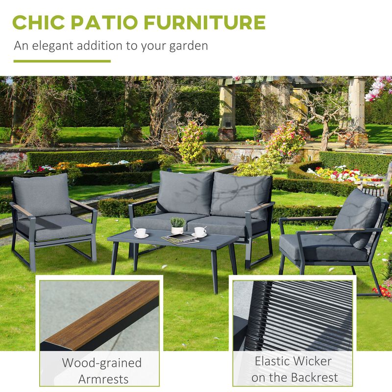 Dark Grey Patio Ensemble: 4-Piece Aluminum Set with Loveseat and Table