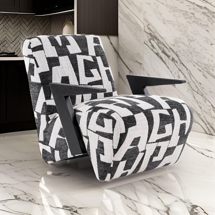 27 Inch Accent Chair, Polyester Black and White Geometric Pattern Print - Benzara