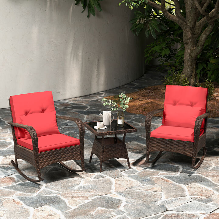 3 Piece Outdoor Rocking Set with Tempered Glass Coffee Table for Backyard Poolside