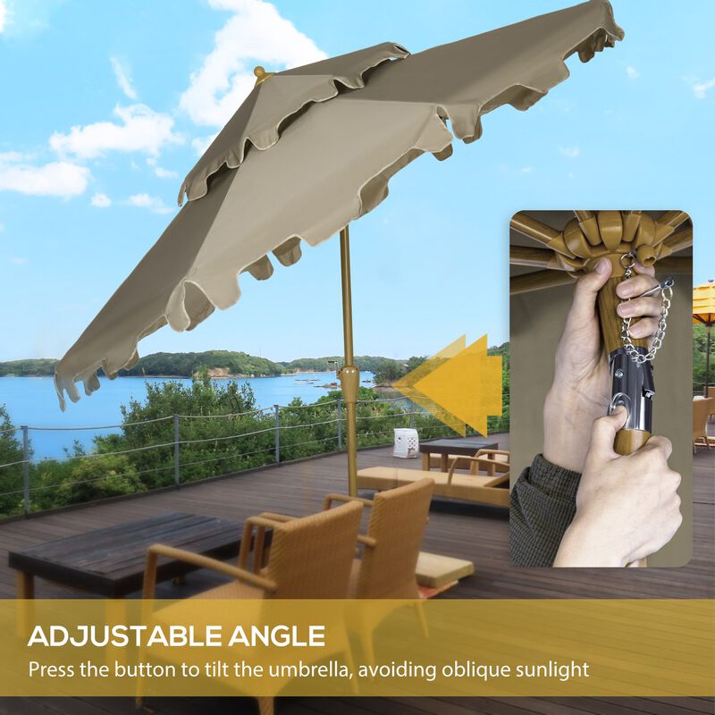 Brown Patio Umbrella: 9' Double Top Ruffled Market Umbrella with Tilt, Crank, 8 Ribs