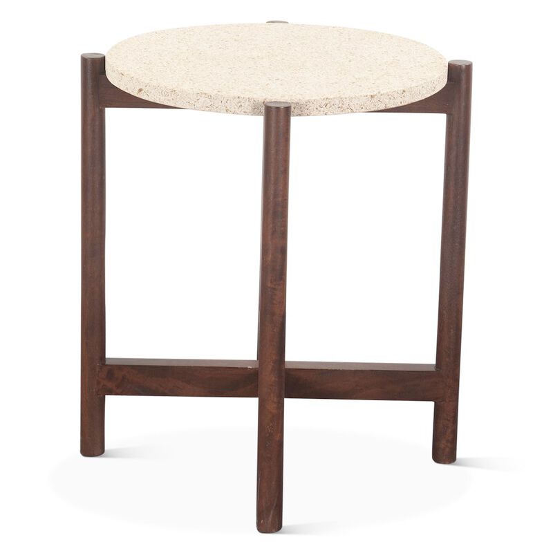 World Interiors Notion Side Table with Beige Sandstone in Walnut Finish