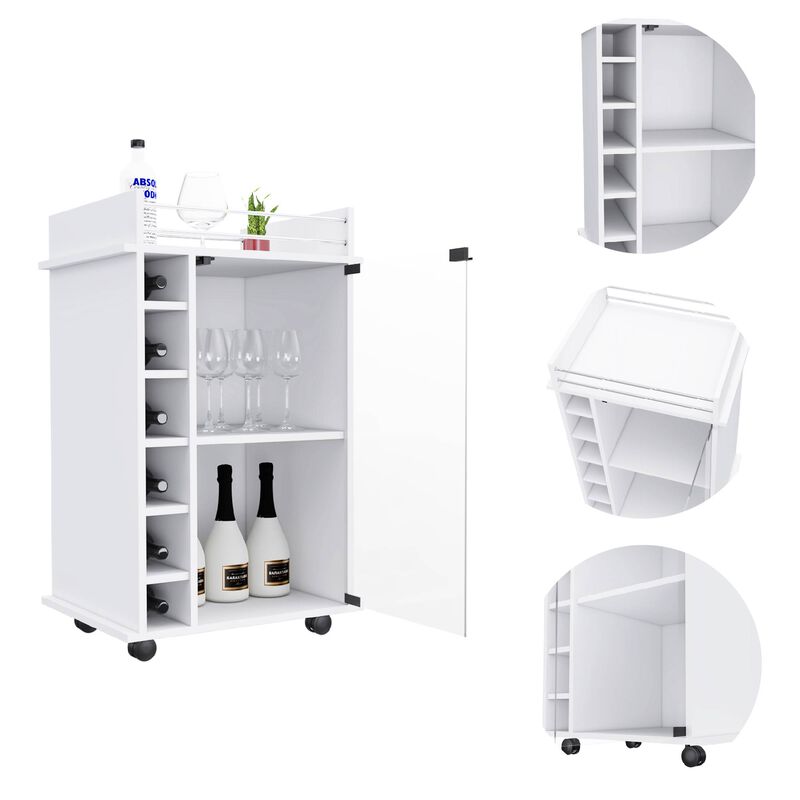 DEPOT E-SHOP Huali Bar Cart, Six Built-in Wine Rack, Glass Door, Four Casters, Two Shelves, White