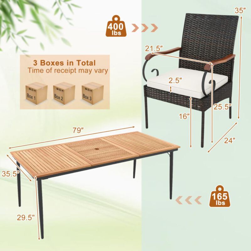Hivvago 79 Inch Outdoor Dining Table and 8 Rattan-woven Dining Chairs with Acacia Wood Tabletop