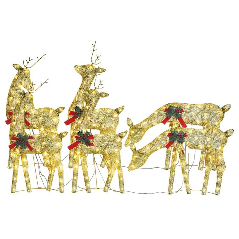 Outdoor 6 Reindeer Christmas Decoration, Red Bow, 180 Gold LEDs, Steel - Benzara