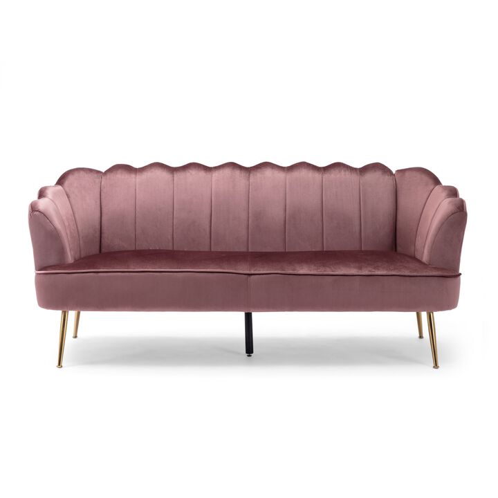 Nika Sofa, 3 Seater, Channel Stitching, 76 Inch, Blush Pink Velvet - Benzara