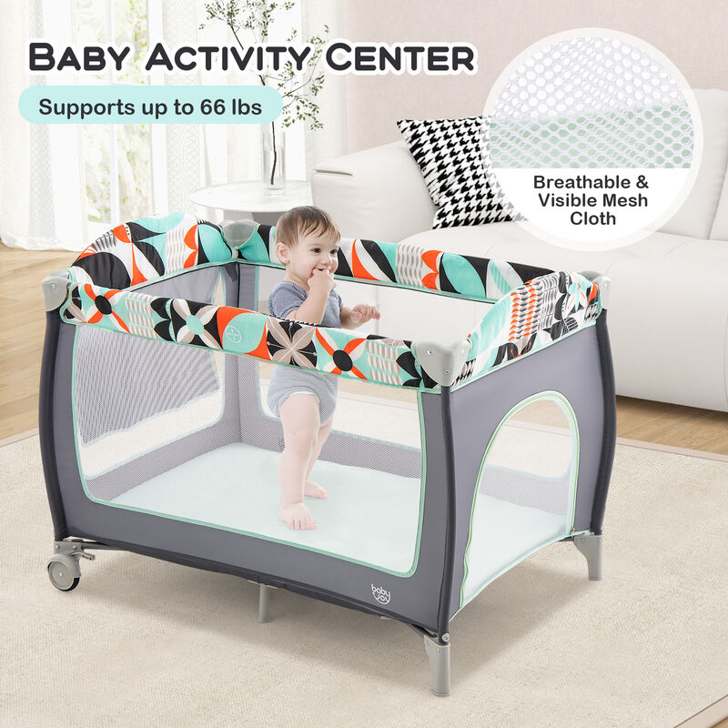 3-in-1 Portable Baby Playard with Zippered Door and Toy Bar - Blue