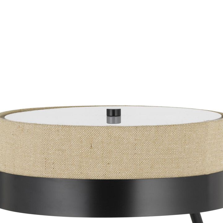 Metal Lined Fabric Shade Desk Lamp with Wooden Base, Beige and Black-Benzara