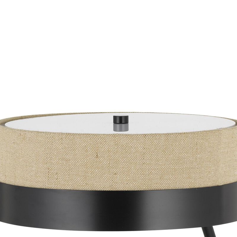 Metal Lined Fabric Shade Desk Lamp with Wooden Base, Beige and Black-Benzara