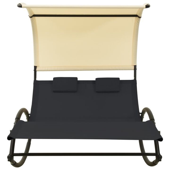 vidaXL Double Sun Lounger with Canopy Textilene Black and Cream