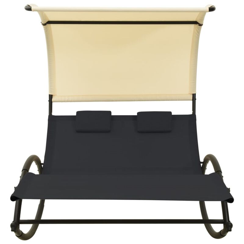 vidaXL Double Sun Lounger with Canopy Textilene Black and Cream