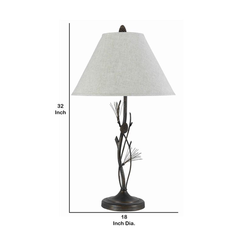 Pine Twig Accent Metal Body Table Lamp with Conical Shade, Bronze and White-Benzara