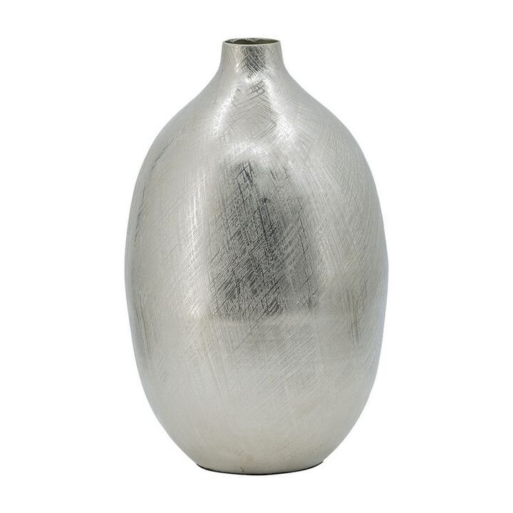 Pansy 14 Inch Modern Vase, Metal, Tall Curved Shape, Bottleneck, Silver  - Benzara Pansy 14 Inch Modern Vase, Metal, Tall Curved Shape, Bottleneck, Silver  - Benzara