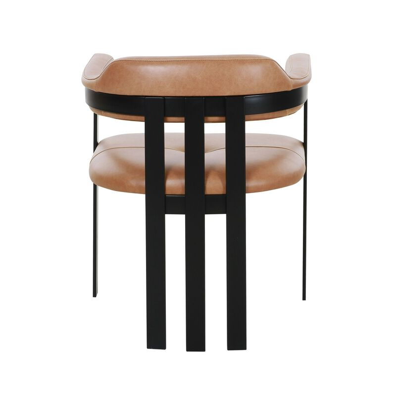 Anta Dining Chair, Black Iron Slatted Back, Plush Brown Genuine Leather - Benzara