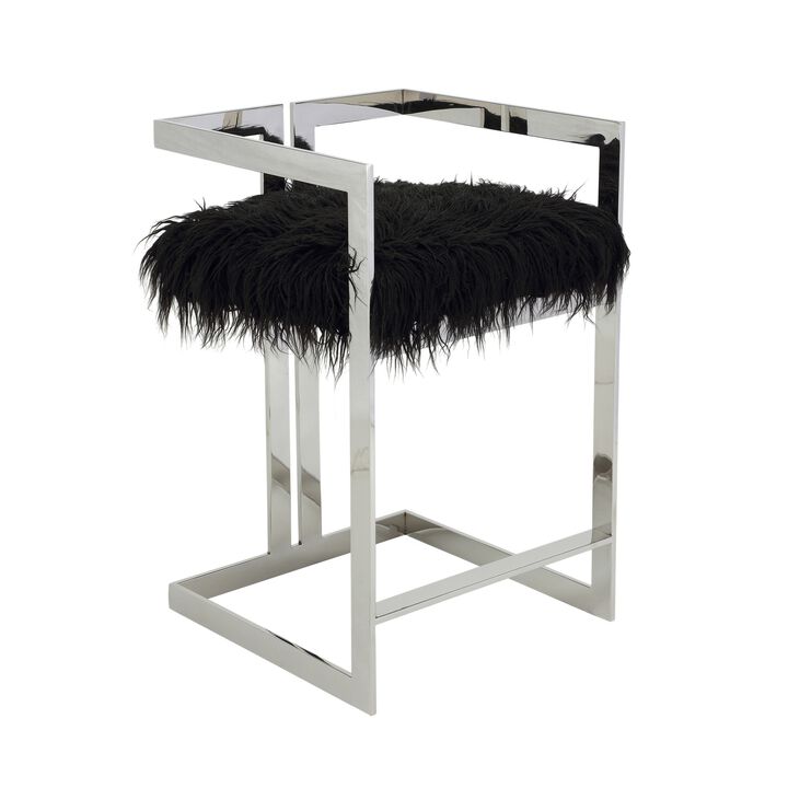 Suki 26 Inch Counter Stool Chair, Black Faux Fur, Silver Stainless Steel - Benzara