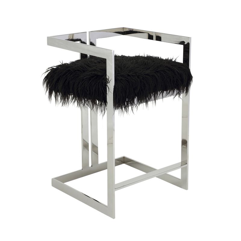 Suki 26 Inch Counter Stool Chair, Black Faux Fur, Silver Stainless Steel - Benzara