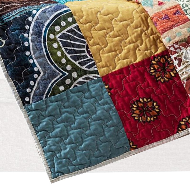 Lily 50 x 60 Inch Quilted Patchwork Throw Blanket, Multicolor Cotton Strips - Benzara